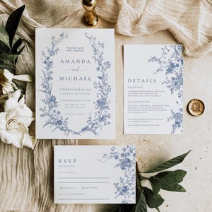 Dusty Blue Wedding Invitation Set, Vintage Floral Invitation Template, Printable Invitation Suite, French Roses Botanical, Editable, 139