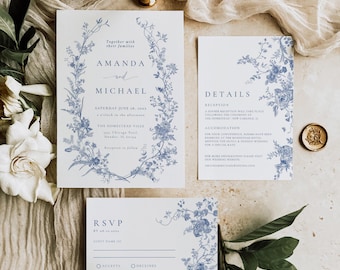 Dusty Blue Wedding Invitation Set, Vintage Floral Invitation Template, Printable Invitation Suite, French Roses Botanical, Editable, 139