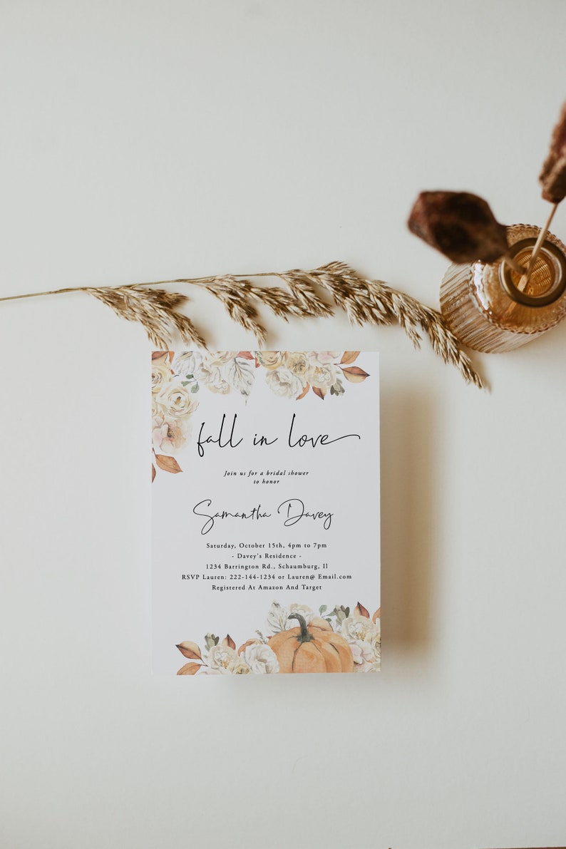 Fall Bridal Shower Invitation, Autumn Bridal Shower Pumpkin Invitation, Fall in Love Invitation, Boho, Download, Editable, Template, 032 image 2