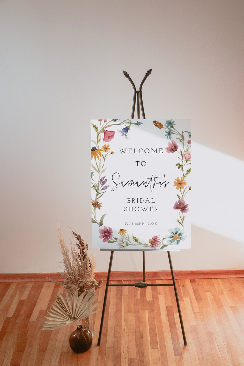 Modèle de plaque de bienvenue pour la douche nuptiale de fleurs sauvages, douche nuptiale de fleurs sauvages, signe floral, signe de mariée floral, téléchargement, modifiable, Boho, 55 image 3