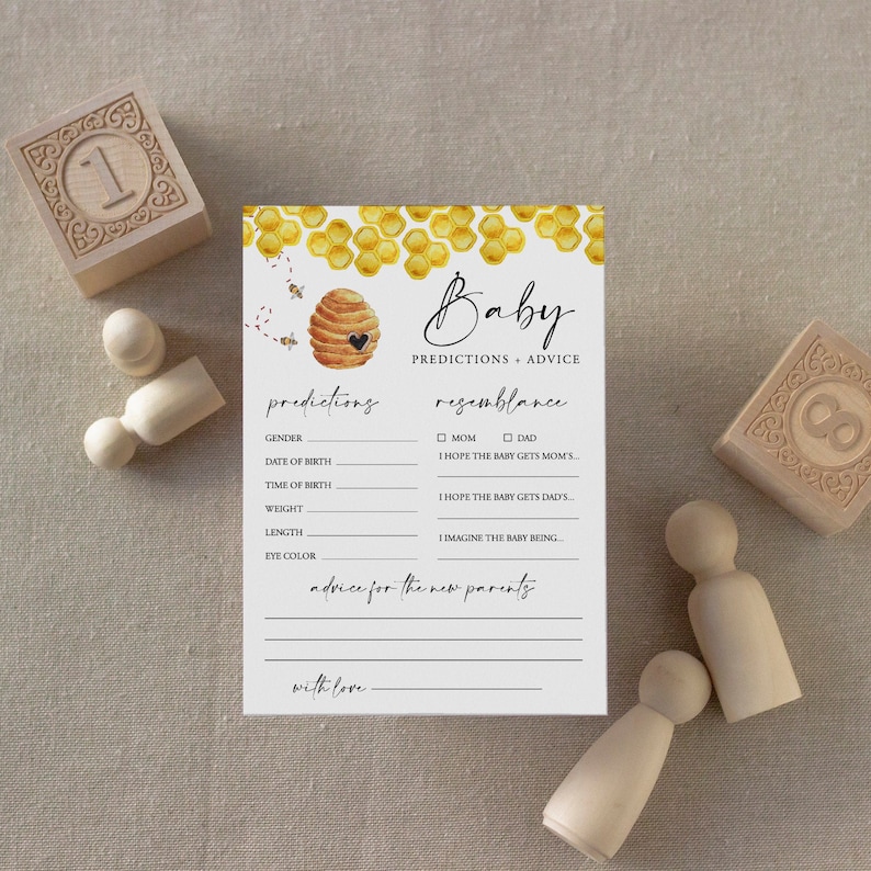 Baby Predictions and Advice Card, Printable Honey Bee Baby Shower, Editable Text, DIY Baby Advice, Instant Download, Templett image 1