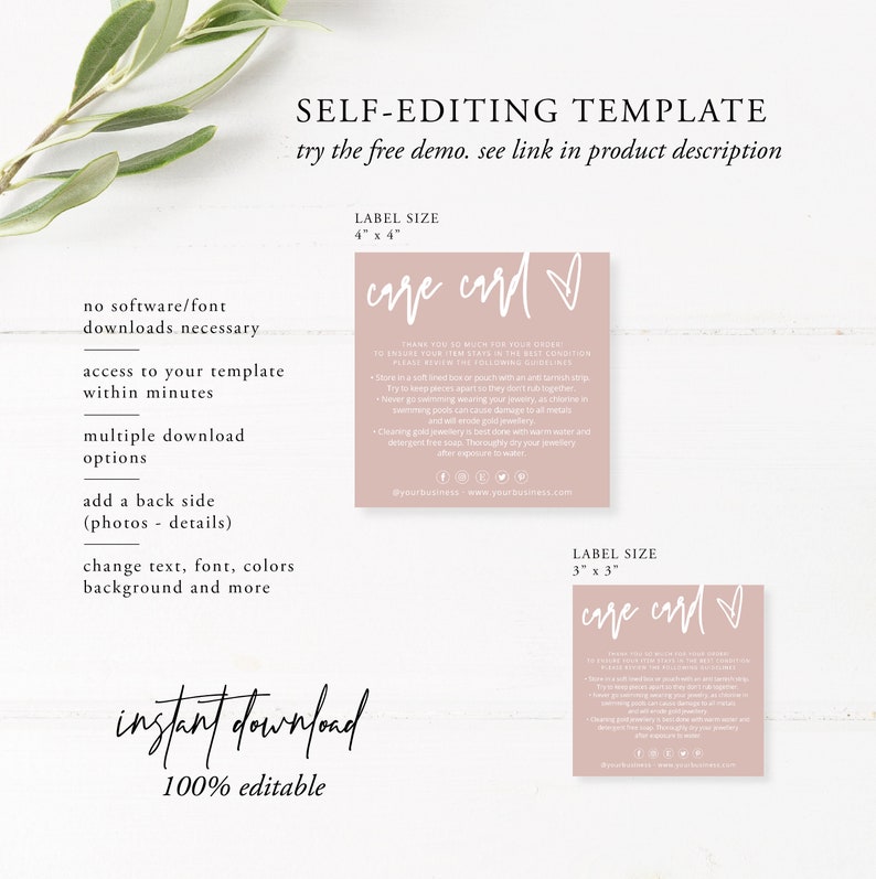 Care Card Template Small Business Care Card Jewelry Care | Etsy