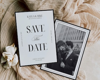 Old Money Luxury Save the Date Template, Classic Black White Wedding, Calligraphy Announcement, 145