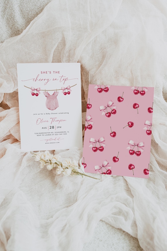 Cherry Baby Shower Invitation , Cherry on top Invite, Clothes Baby Shower Invite, Coquette, Pink bow Berries Minimal Girl Baby Shower, 135