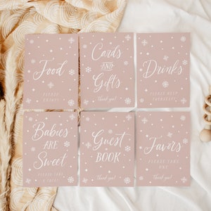 Baby Shower Sign Bundle, Winter Baby Shower, Girl Pink Baby Shower, 5x7, 8x10, Wonderland Baby Shower Sign, Editable, Template, 129