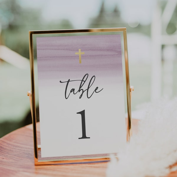 Table Number Template, Baptism Table Numbers, First Communion, Lavender Baptism, Purple Watercolor, Instant download, 5x7 4x6, Editable, 36