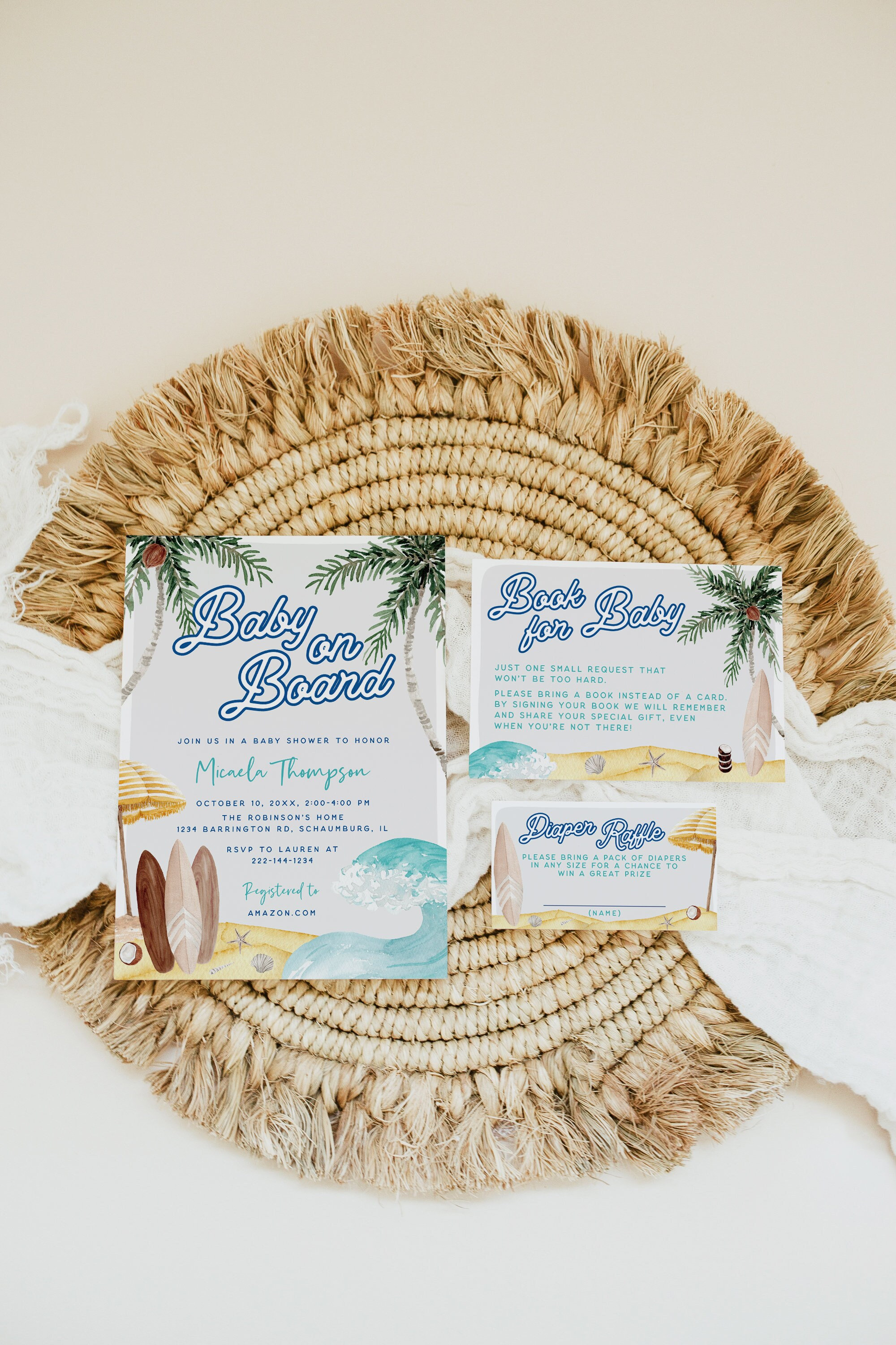 Baby on Board Baby Shower Invitation Set Template Diaper Sign Book Surf Beach Baby Shower Invitation Summer Baby Shower