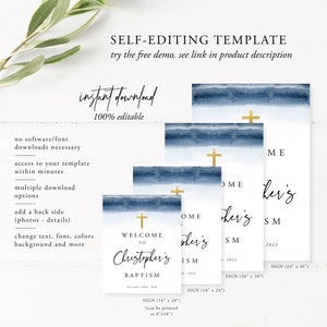 Baptism Welcome Sign Template, Blue Watercolor Baptism, Welcome Sign ...