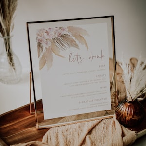 Pampas Wedding Bar Menu Template, 8x10&quot; Pampas Bar Menu Wedding Sign, Wedding Drink Sign Printable, Editable, Download, Template