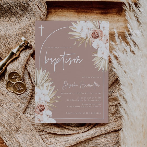 Baptism Invitation Template, Arch Baptism Invitation Girl, Christening, Pampas Boho Christening, Religious Cross Dried Palm, Editable, 61