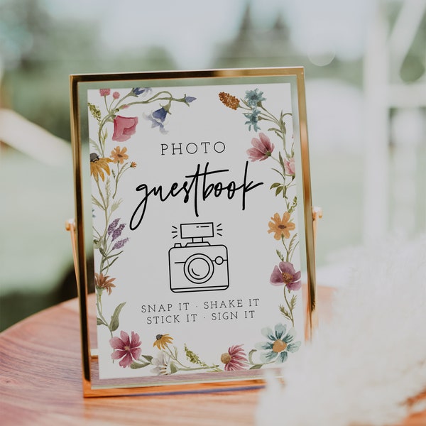 Photo Guestbook Sign, Wildflower Wedding Guest Book, Editable Template, Wildflower Photo Guestbook, Floral Sign, Instant Download, 55
