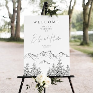 Cartello di benvenuto in montagna, bosco, pino rustico stampabile per matrimonio, cartello per addio al nubilato, modello modificabile, download immediato, Templett, 001