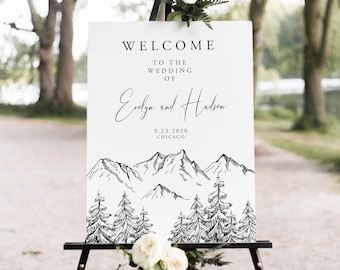 Mountain Welcome Sign, Woodland, Printable Wedding Rustic Pine, Bridal Shower Sign, Editable Template, Instant Download, Templett, 001