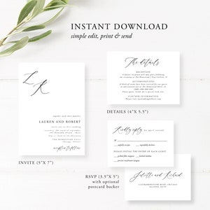 Modern Wedding Invitation Set Template, Calligraphy, Elegant Font, Elegant, Rustic Wedding, RSVP, Details, 100% Editable, Download, 050 image 5