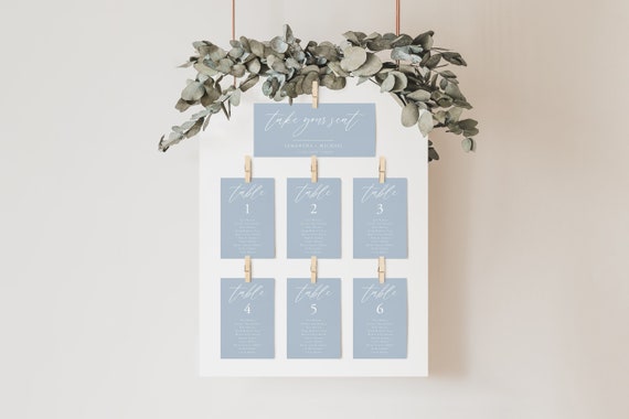 Dusty Blue Wedding Seating Chart Card, Dusty Blue Wedding Seating Chart Cards, Blue Seating Chart Cards, Download, Editable Template, 06