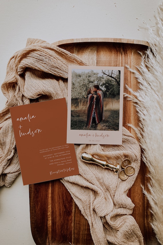 Terracotta Wedding Invitation Template With Photo Burnt | Etsy