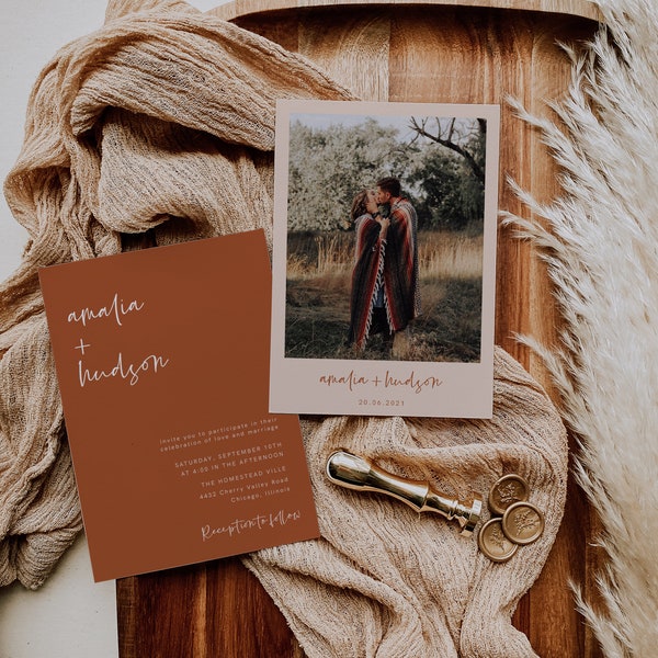 Terracotta Wedding Invitation Template with Photo, Burnt Orange Wedding, Rust Wedding Invite, Modern Minimalist Bohemian, Download