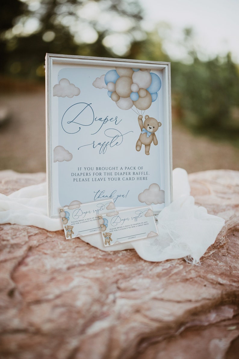 Diaper Raffle Sign Blue Bear Baby Shower, Blue Balloon Bear Baby Shower, Template, Blue Teddy Bear, Diaper Card, Instant, Editable,103 image 1