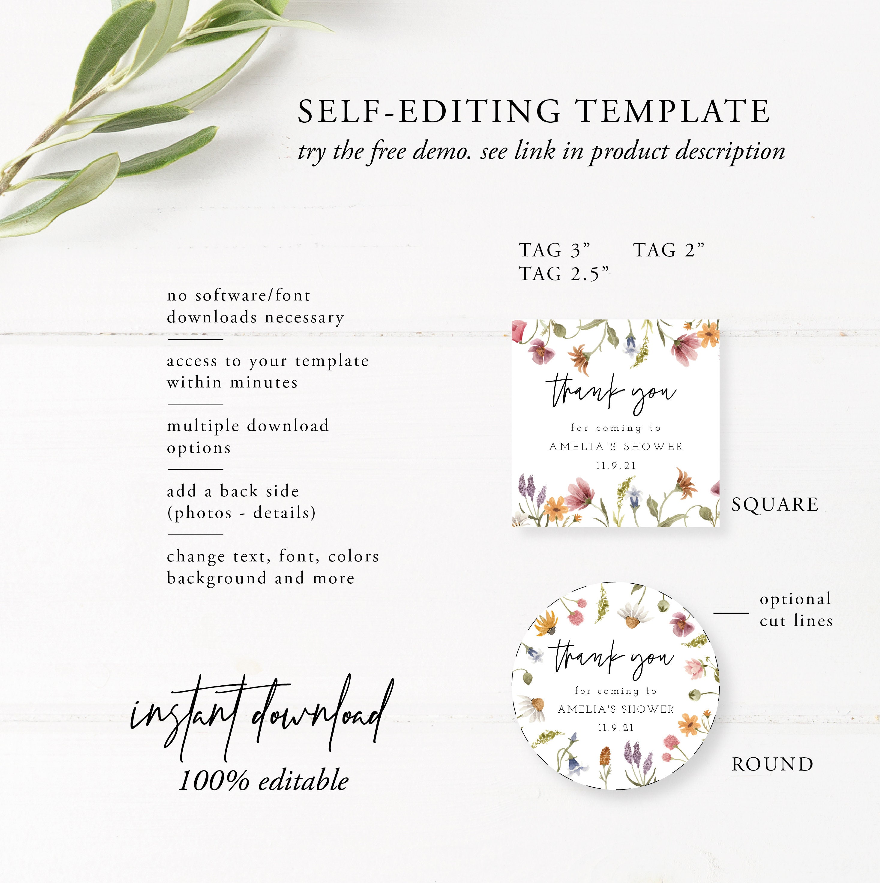 Round Favor Tag Template Wildflower Round Tag Square Tag - Etsy