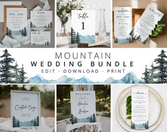 Mountain Wedding Bundle, Wedding Essential Template, Pine Invitation Suite, 100% Editable, Rustic, Instant Download, Templett, 005