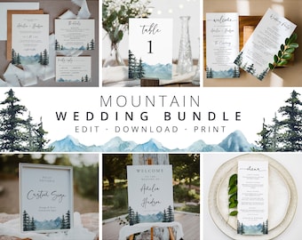 Mountain Wedding Bundle, Wedding Essential Template, Pine Invitation Suite, 100% Editable, Rustic, Instant Download, Templett, 005