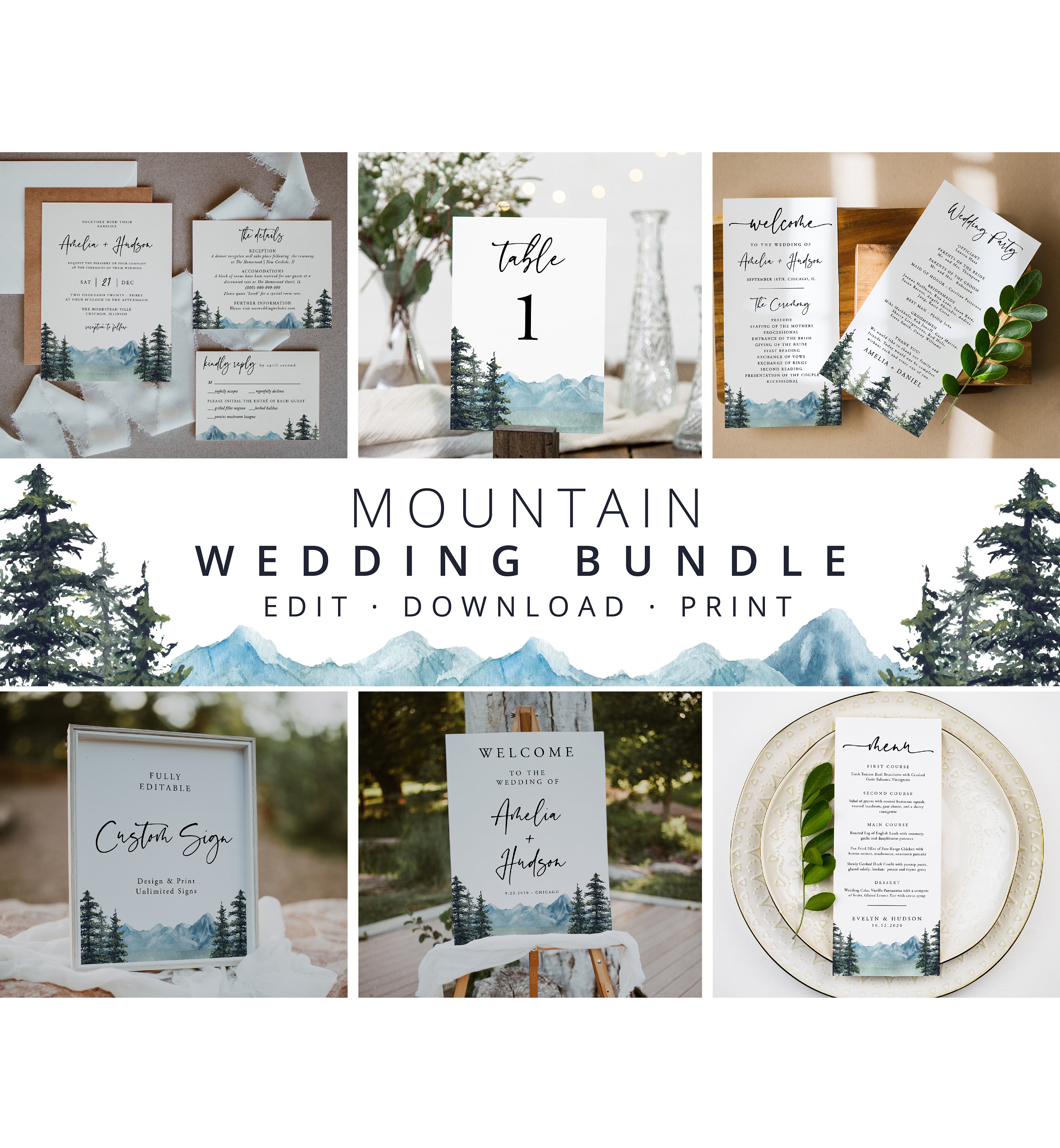 Mountain Wedding Bundle, Wedding Essential Template, Pine Invitation Suite, 100% Editable, Rustic, Instant Download, Templett, 005