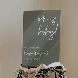 Oh Baby Welcome Sign Template, Modern Baby Shower Sign, Clean, Printable, Instant Download, Sage Green Baby Shower, Gold, Editable, 41 S