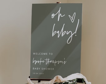 Oh Baby Welcome Sign Template, Modern Baby Shower Sign, Clean, Printable, Instant Download, Sage Green Baby Shower, Gold, Editable, 41 S