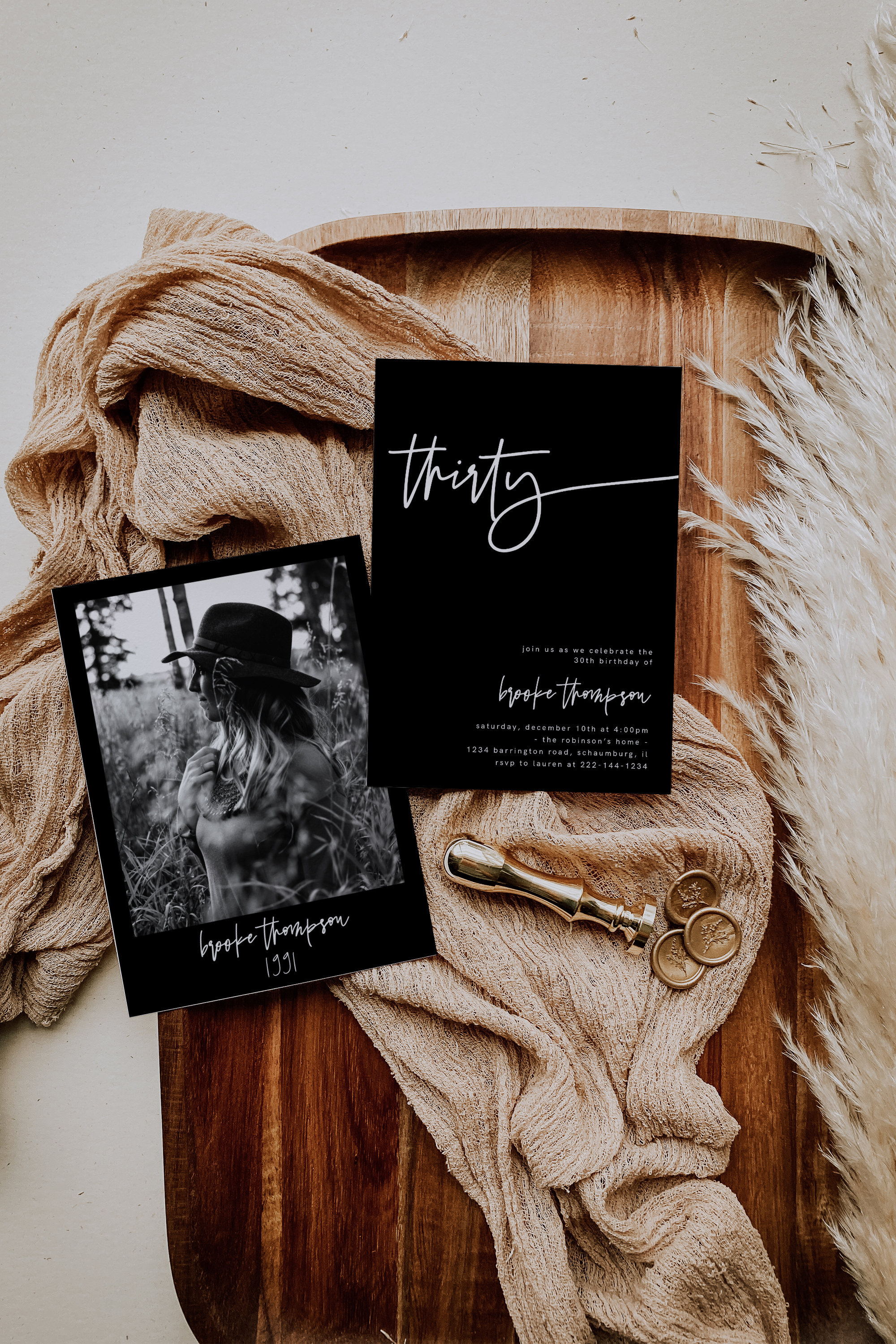 Birthday Invitation Template, Adult Birthday, Women's, Boho Theme, Black Modern Birthday Invitation, 40th, 50th, Thirty, Download, Template