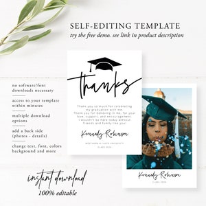 Graduation Thank You Card , Graduation Thank you, Class of 2022, Graduate Hat Tag, Thank You Note, High School College, Editable, 41 image 4