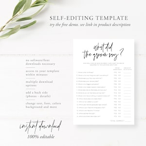 What Did the Groom Say Bridal Game, Modern Bridal Shower Template, Minimalist Bridal, Guess Who Said It, Instant Download, Editable, 41 image 2