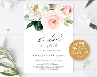 Pink Rose Bridal Shower Invitation, Printable Invitation Template, Bridal Shower Invitation, Instant Download, Edit Yourself, Floral
