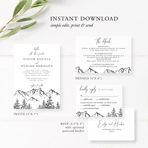 Mountain Wedding Invitation Set, Mountain, Woodland Pine, Rustic Wedding, Lakeside Editable Template, Instant Download, Templett, 001 image 5