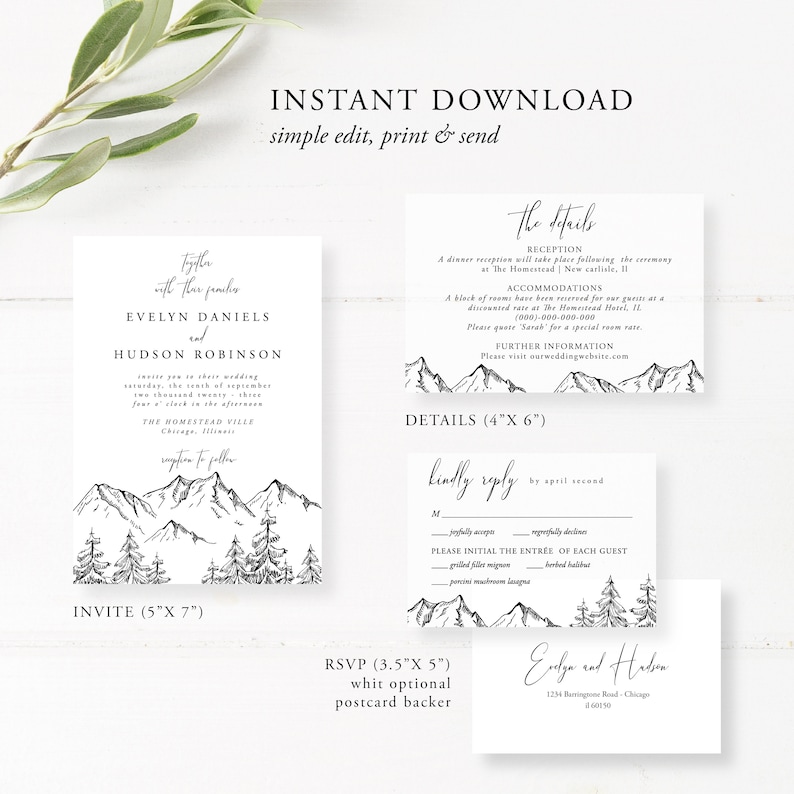 Mountain Wedding Invitation Set, Mountain, Woodland Pine, Rustic Wedding, Lakeside Editable Template, Instant Download, Templett, 001 image 5