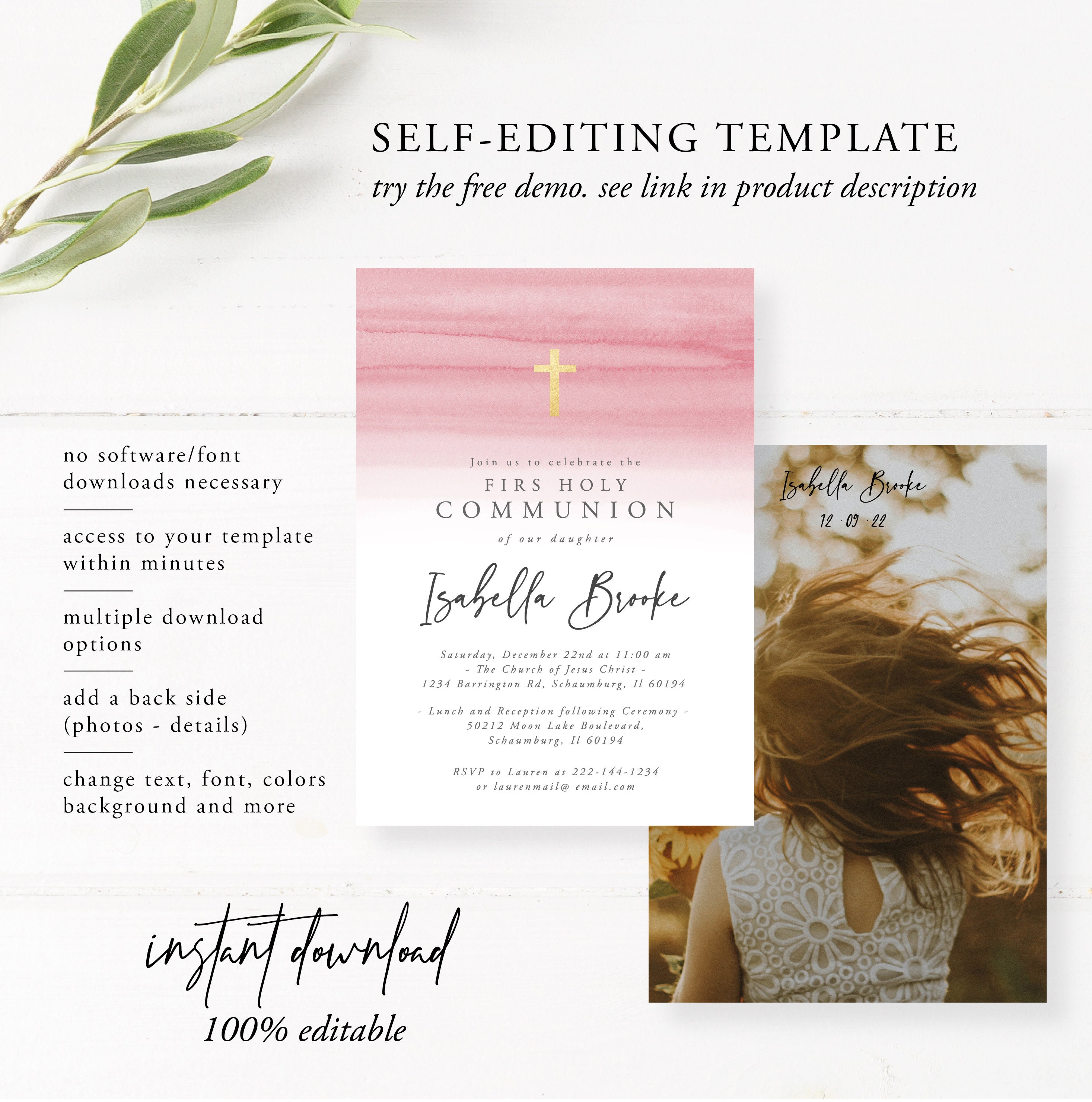 Pink Watercolor First Communion Invitation Template First - Etsy