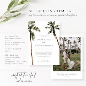 Palm Tree Wedding Invitation Template, Minimal Tropical Wedding Invitation Printable Set, Beach Wedding Invitation, Editable, Download, 44 image 4