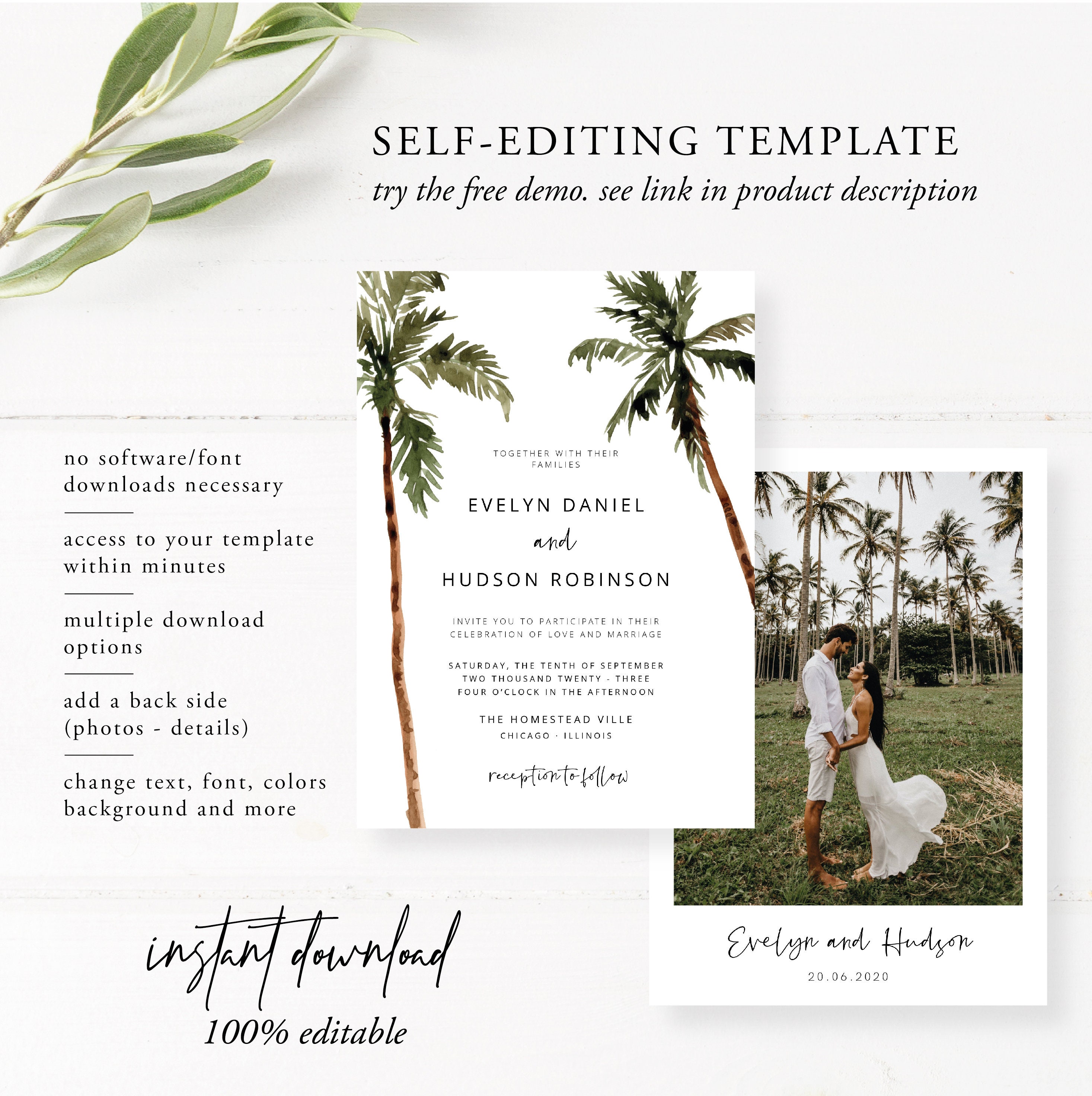 Palm Tree Wedding Invitation Template Minimal Tropical Etsy
