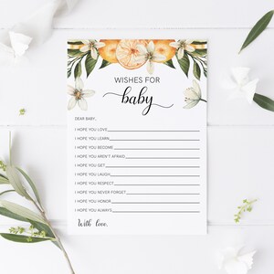 Zitruswünsche für Baby Spielvorlage, Wünsche für Advice Card, Gender Neutral, Orange Babyparty, Templett, Bearbeitbar, Vorlage, 18