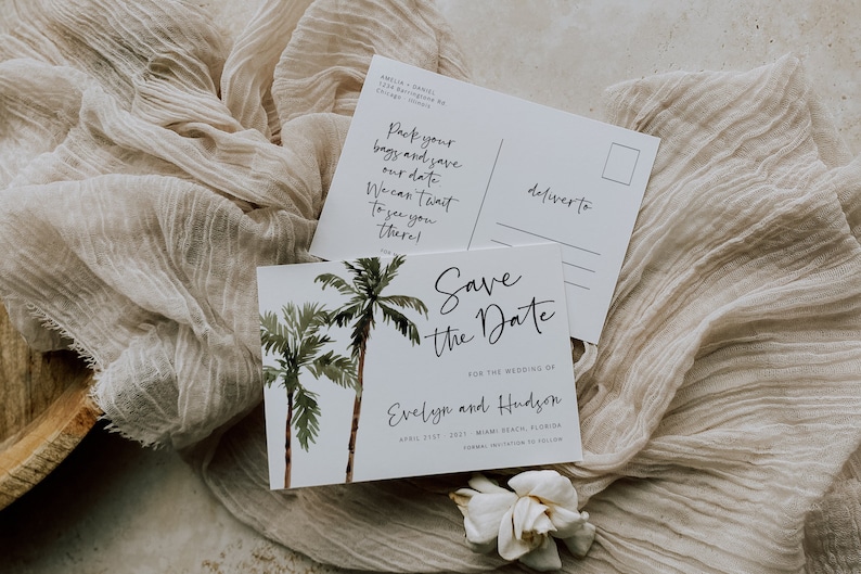 Save the Date Postcard Template, Printable Tropical Destination Save the Date, Beach Save the Date Instant Download, Palm Wedding, 44 image 1