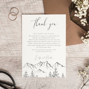 Tarjeta de agradecimiento de montaña, carta de agradecimiento, menú de boda imprimible, plantilla editable, descarga instantánea, Templett, 001