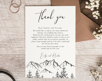 Mountain Thank You Card, Thank You Letter Note, Printable Wedding Menu Thank You, Editable Template, Instant Download, Templett, 001