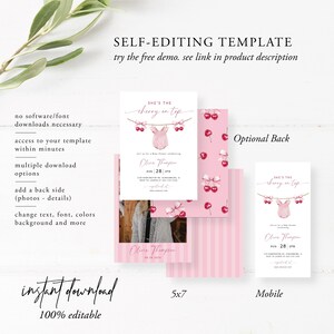 May include: A baby shower invitation template with a pink cherry theme. The design includes a baby onesie and cherries. The text reads "She's the cherry on top." The template is 5x7 inches and mobile-friendly.