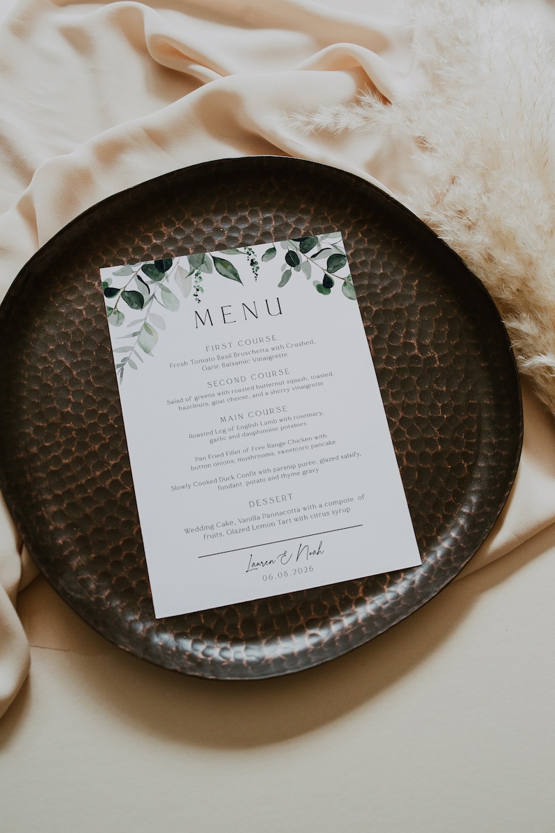 Menu First Course Layout Greenery Menu Template, Leaves Wedding Menu, Greenery Wedding Menu ...