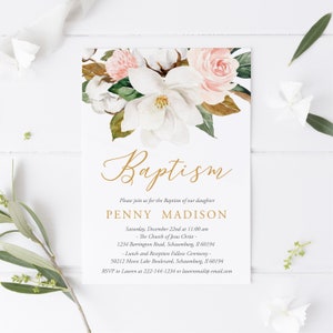 Baptism Invitation Girl,  Blush Floral PinK White, Baptism Invitation, Editable invitation, Magnolia , Instant Download, Templett, 49