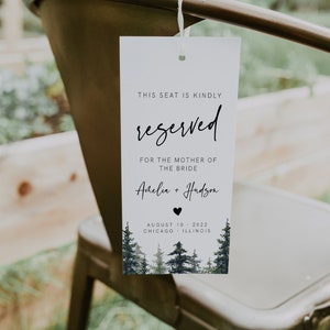 Reserved Chair Tag, Wedding Seating Tag, Pine Wedding, Printable Chair Tag, Reserved for Bride and Groom, Reserved Seat Sign, Mountain, 005