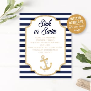 Sink or Swim Sign Baby Shower Nautical, Baby Shower Boy, Dont Say Baby Game Sign, Digital Download, Nautical, Games Anchor, Navy, Gold