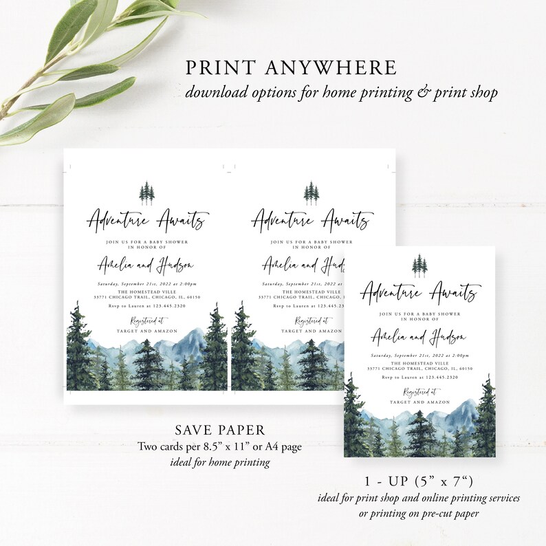 Pu&ograve; includere: Invito per baby shower stampabile con una scena di montagna e foresta ad acquerello. L'invito dice "Adventure Awaits" e include i nomi "Amelia e Hudson". L'invito &egrave; disponibile in due dimensioni: 8,5 x 11 pollici e 5 x 7 pollici.