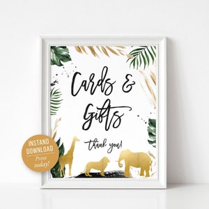Safari Baby Shower Cards & Gifts Sign, 8x10, Gold, Jungle Invitation, Safari Animals, Lion, Elephant, Giraffe, Instant Download