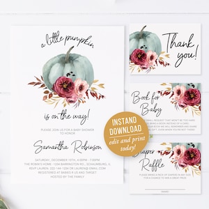 Pumpkin Baby Shower Invitation Template, EDITABLE, Printable Bundle, Baby Girl, Fall, A Sweet Little Pumpkin is on Her Way, Flower