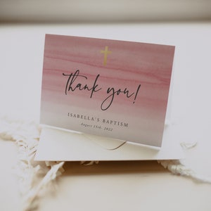 Baptism Thank You Card, Pink Watercolor Baptism, Baptism Thank You, Christening, Thank You Folded Card, Note Card, Download, Template, 36